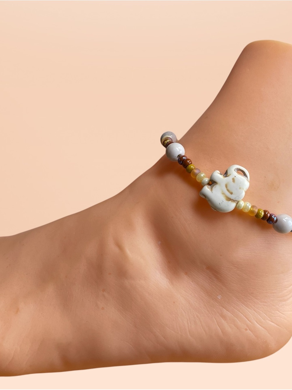 Handmade White Elephant Beaded Anklet - Multicolor Beads